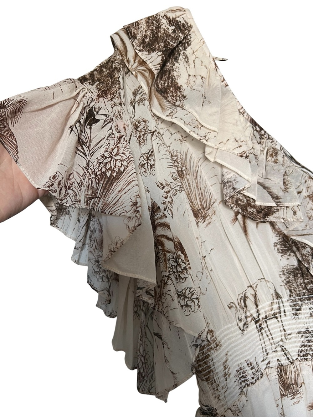 SANDRO Natural Marro Ruffled Printed Gauze Midi Dress - Picture 7 of 12